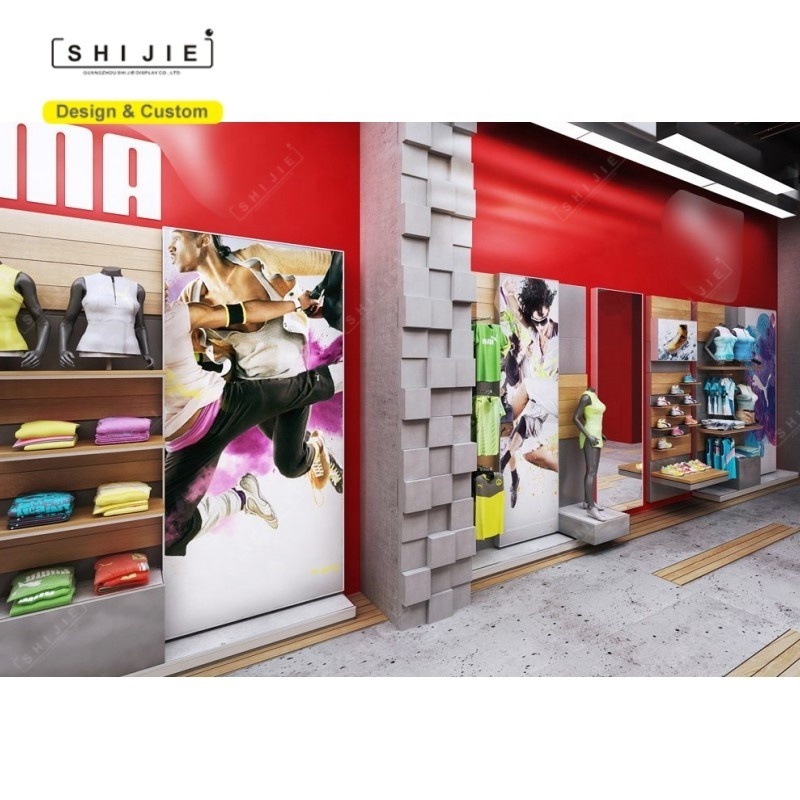 Luxury Large Sportswear Shop Interior Design Ideas Sports Shoes Stand Wall Shelf Customized Shoe Store Display Racks