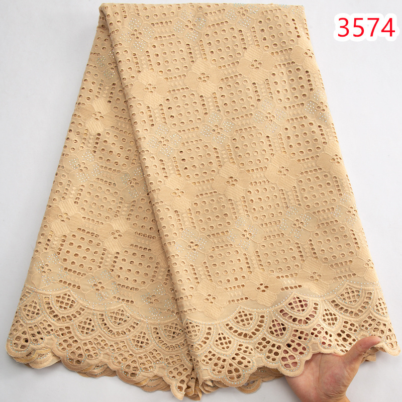 African Swiss Lace Fabric 2024 High Quality Lace Embroidery Cotton With Stones Latest Dubai Style Nigerian Gele Headtie 3574