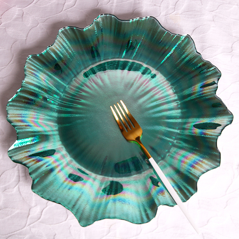 Customized Luxury Fine Tableware Pearl Lustercolored Green Glass Charger Plate