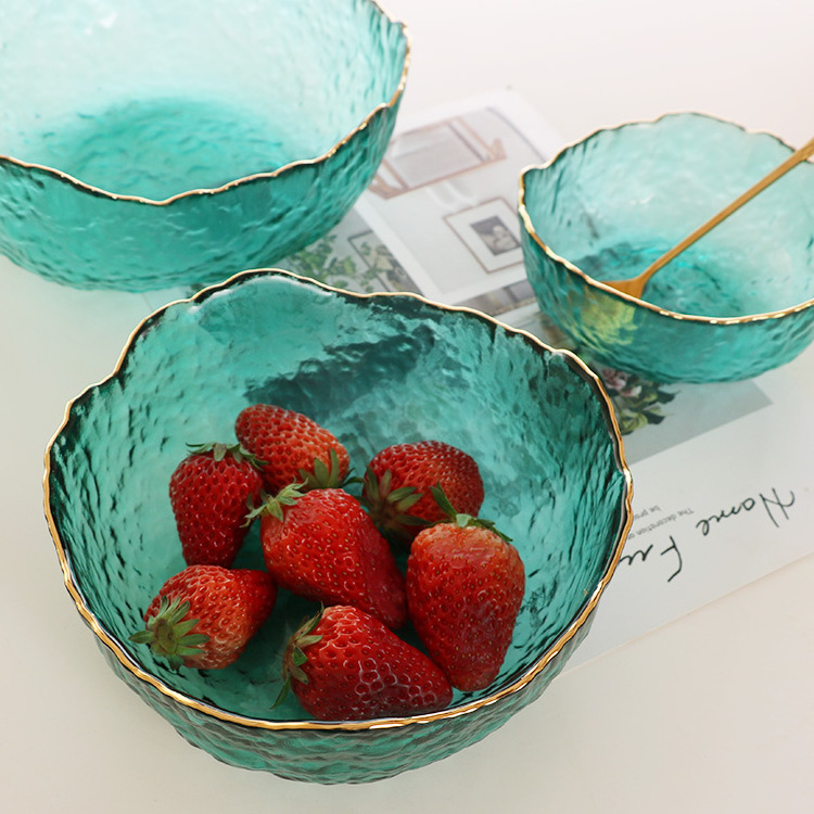 New arrivals hot sale discount price in stock hand made heat resistance fruit salad bowl dish food storage with gold rim