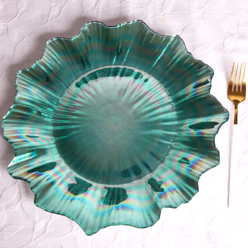 Customized Luxury Fine Tableware Pearl Lustercolored Green Glass Charger Plate