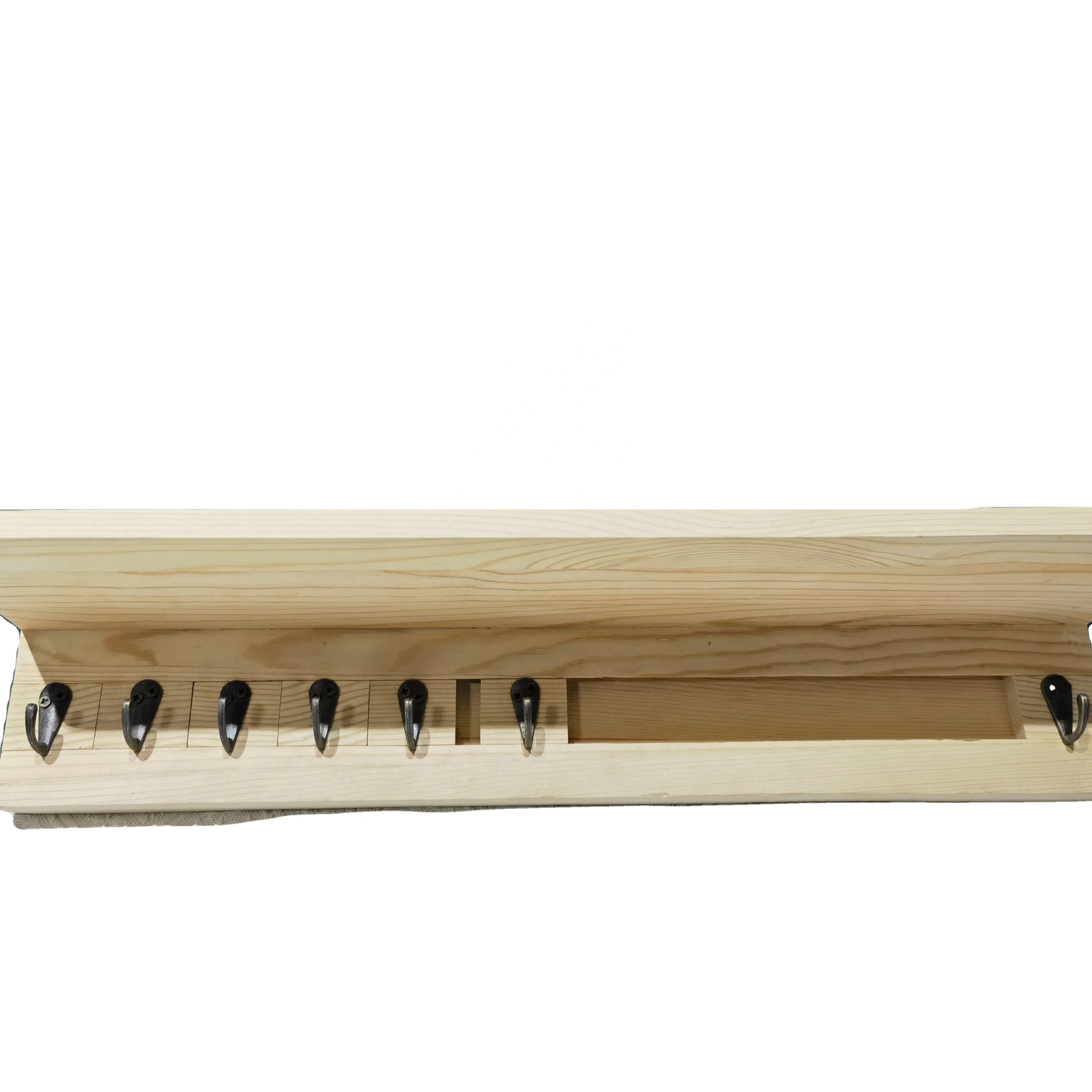 Hanging solid wood storage rack with movable hooks on the wall