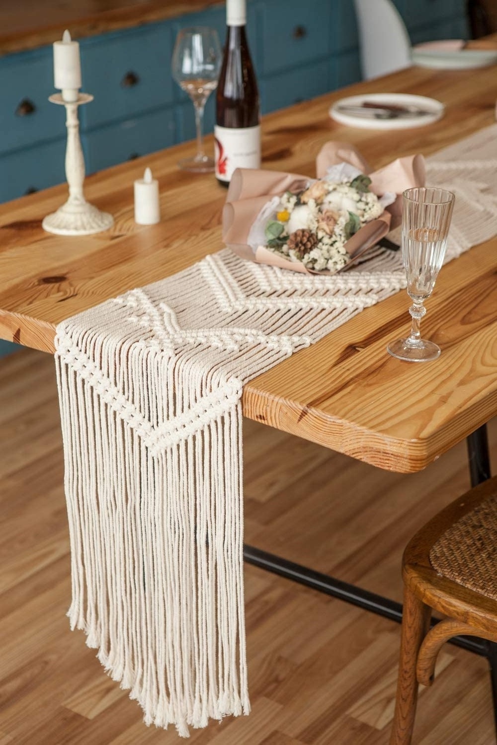 Macrame Table Runner Boho White Cotton Fall Table Runner for Bohemian Rustic Wedding Dining Table