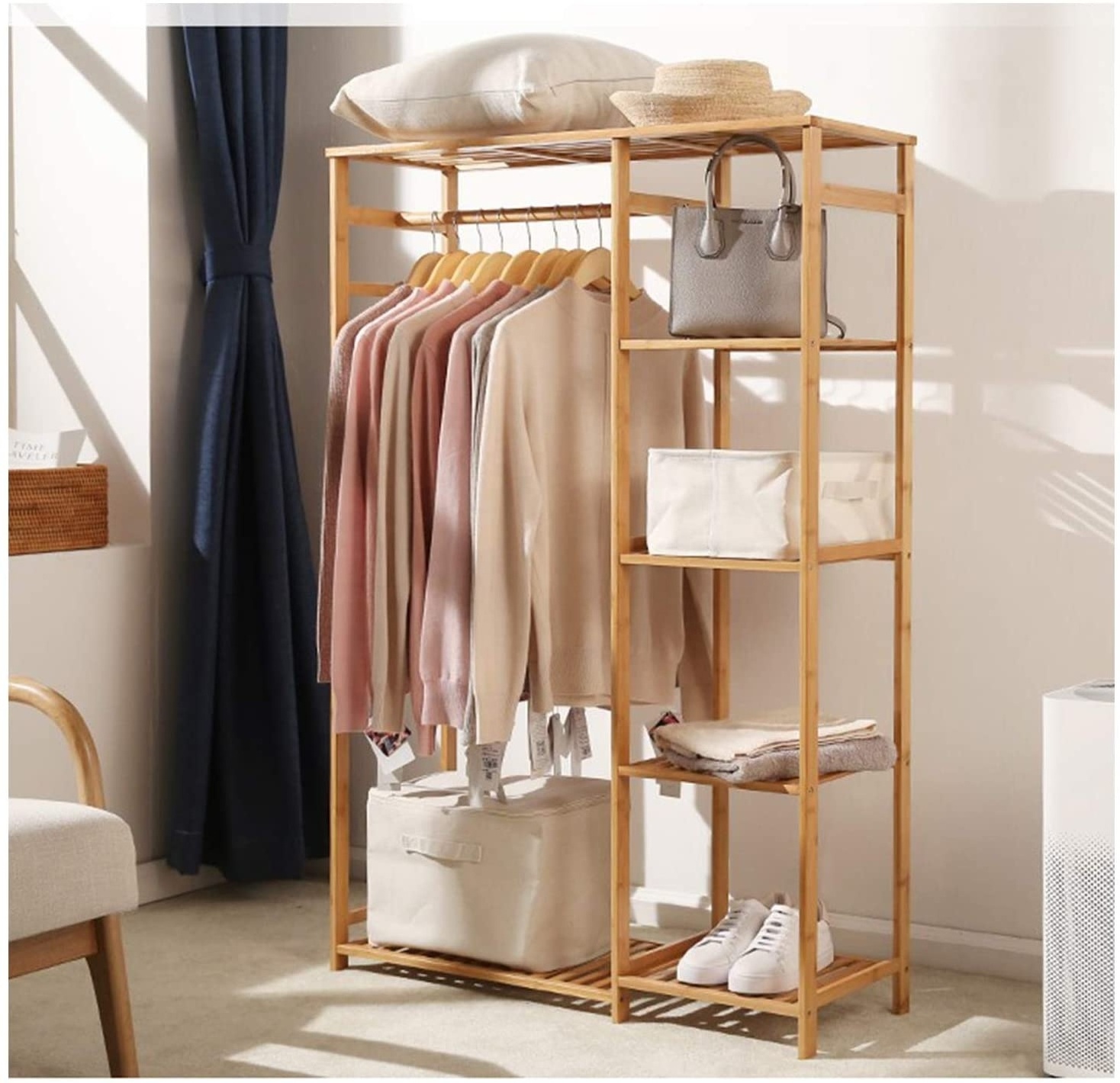 Bamboo Clothing Rack 6 Tiers Storage Shelves Clothes Hanging Rack Bamboo Garment Rack Clothes Organizer