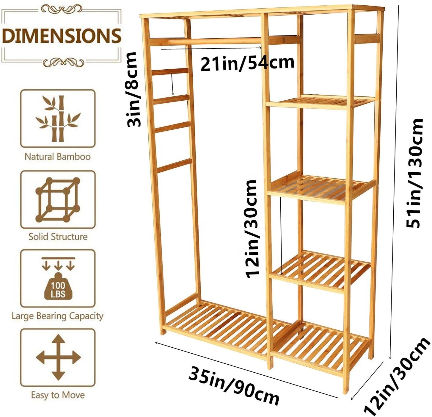 Bamboo Clothing Rack 6 Tiers Storage Shelves Clothes Hanging Rack Bamboo Garment Rack Clothes Organizer