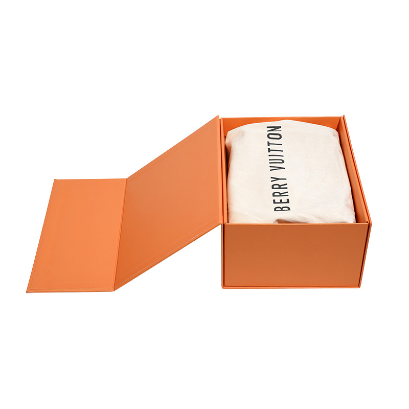 Custom Luxury Orange Magnet Flap Clothing Paper Box Foldable Magnetic Closure Gift Boxes without Sticker Packaging for Clothing