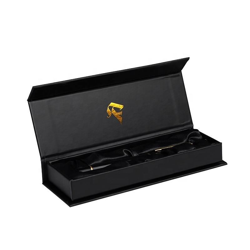 Wholesale Black Matt Rigid Cardboard Paper Gift Packaging Box with Customized Gold  Foil Logo with Satin Silk Insert