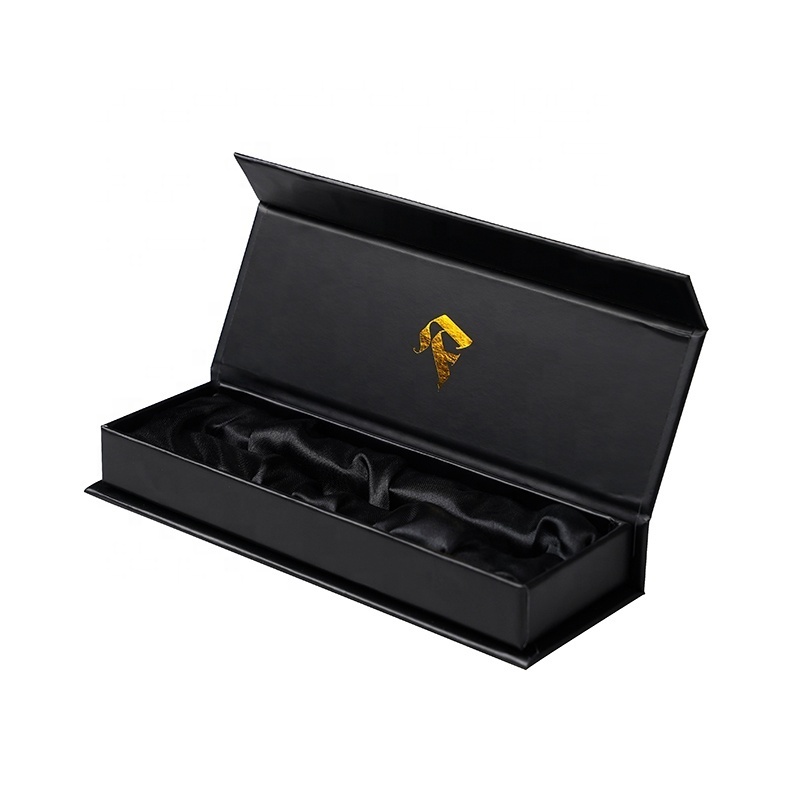 Wholesale Black Matt Rigid Cardboard Paper Gift Packaging Box with Customized Gold  Foil Logo with Satin Silk Insert