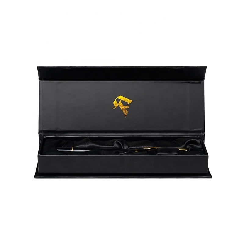 Wholesale Black Matt Rigid Cardboard Paper Gift Packaging Box with Customized Gold  Foil Logo with Satin Silk Insert