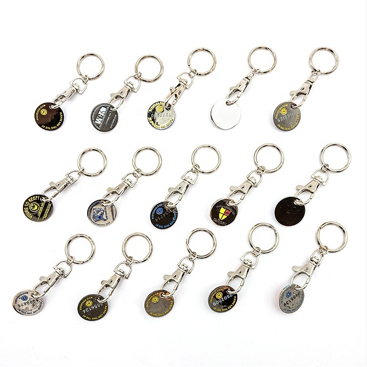 custom wholesale trolley shopping cart coin blank token trolley token coin with lobster clasp and key ring