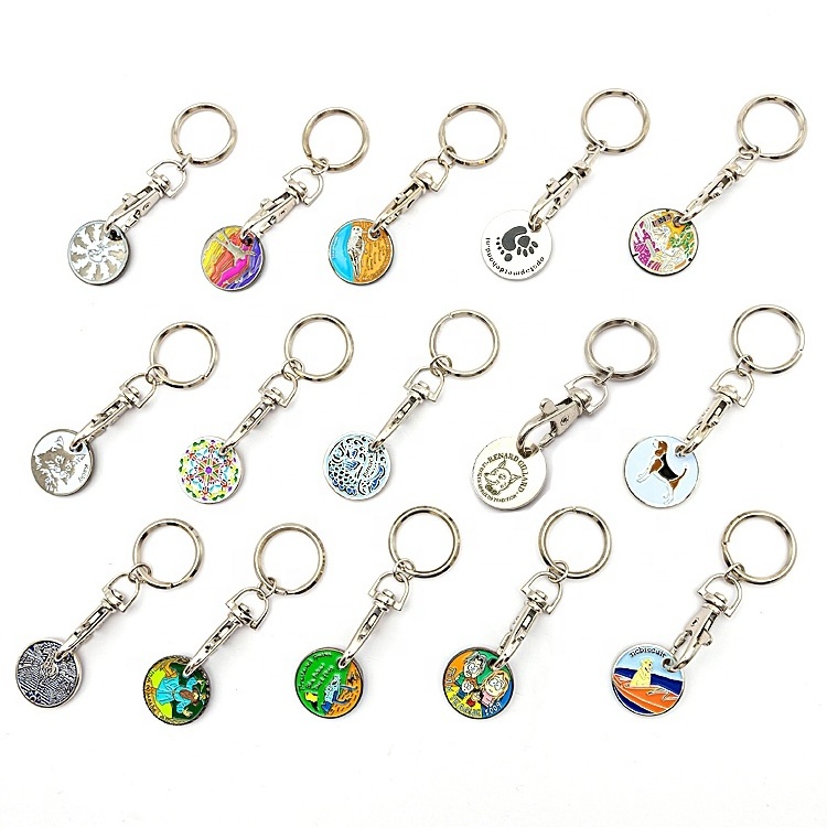 custom wholesale trolley shopping cart coin blank token trolley token coin with lobster clasp and key ring