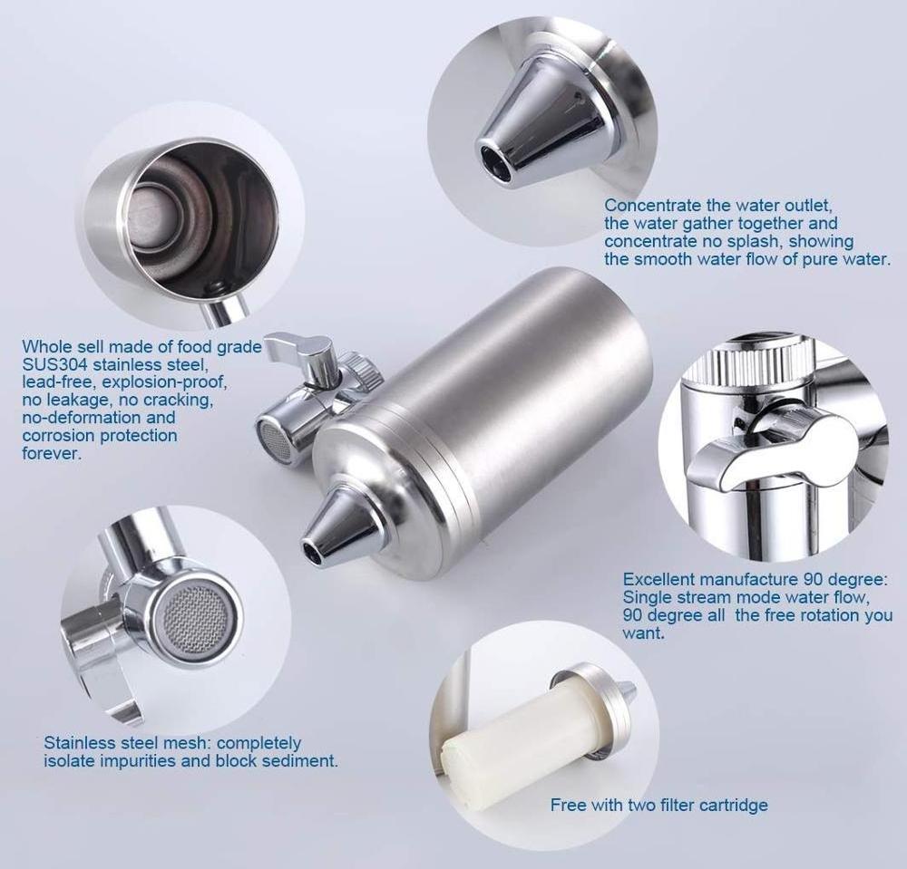 SUS304 Stainless Steel Faucet Mount Water Filter Reduce Chlorine with Two Filter Cartridges