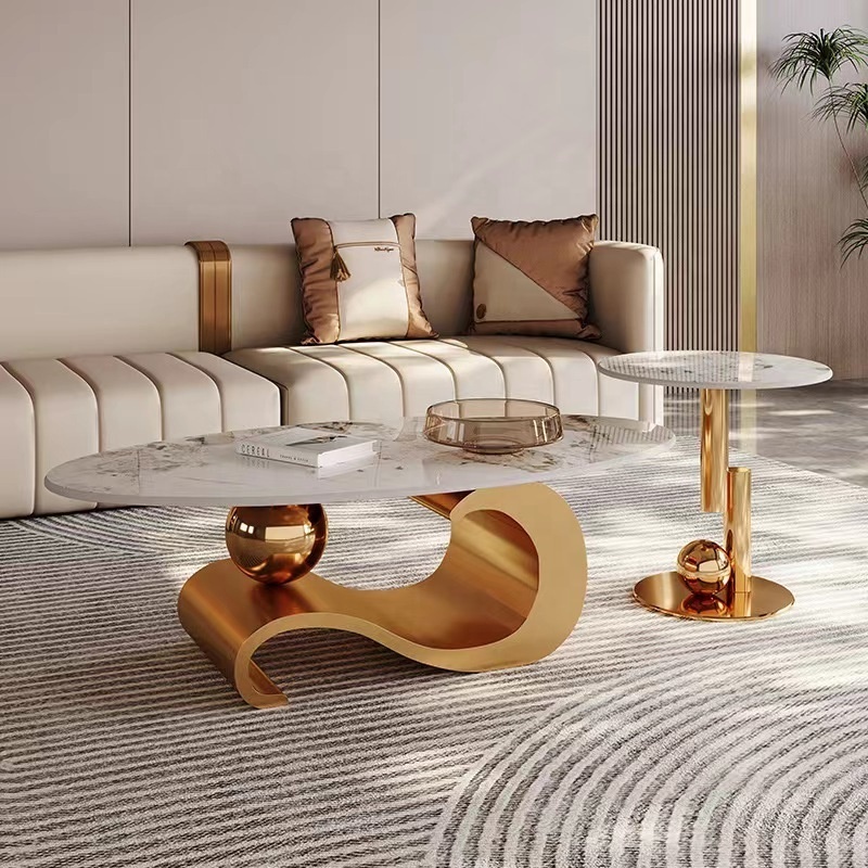 Modern Gold Stainless Steel Leg marble top living room coffee table combination center tables