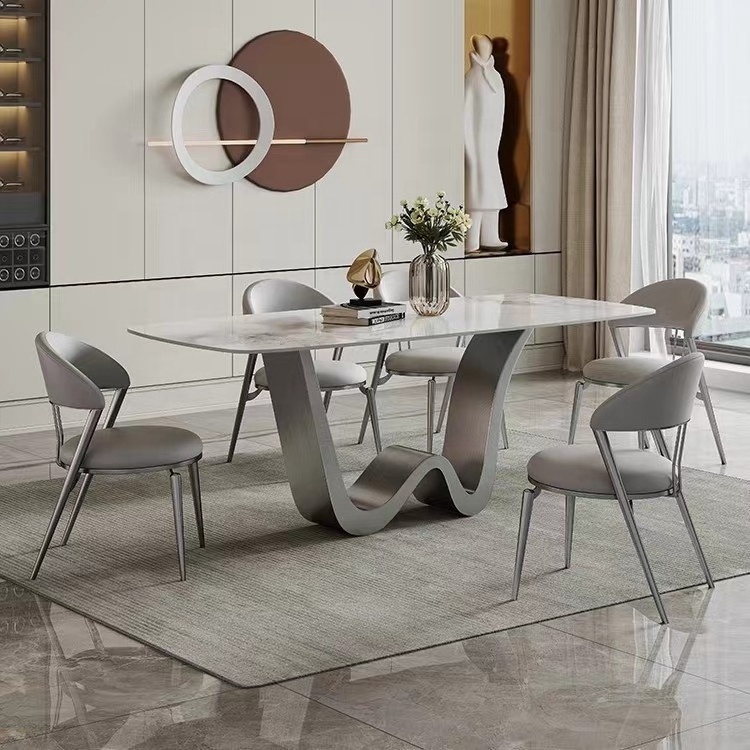 Hot Sale Light Luxury Style Rectangular Marble Top Stainless Steel Dining Table Set 6/12/14 Seater