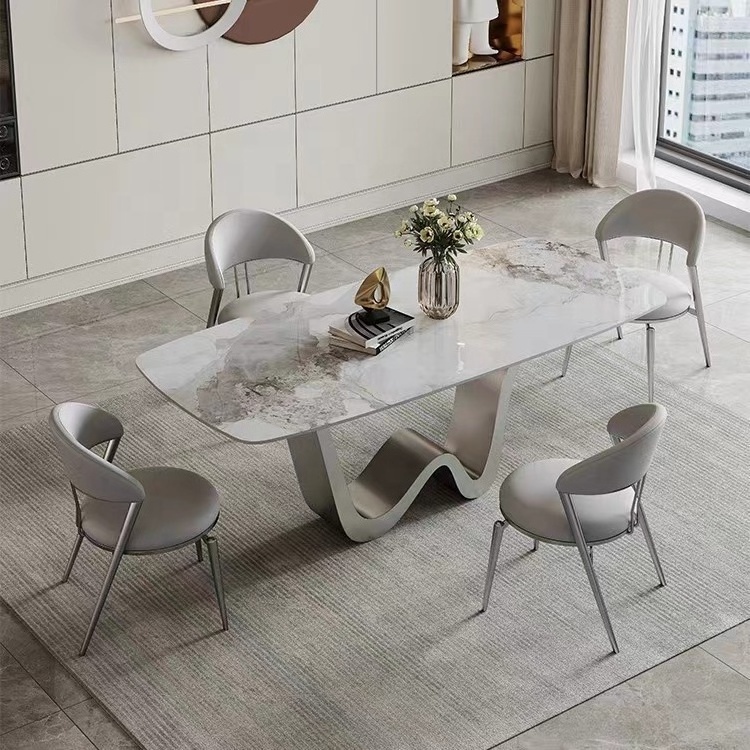 Hot Sale Light Luxury Style Rectangular Marble Top Stainless Steel Dining Table Set 6/12/14 Seater