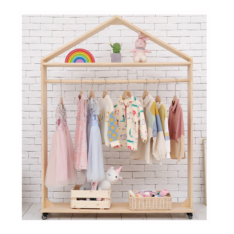 Kids bedroom retail shop wooden floor standing clothes rack for kids clothing racks