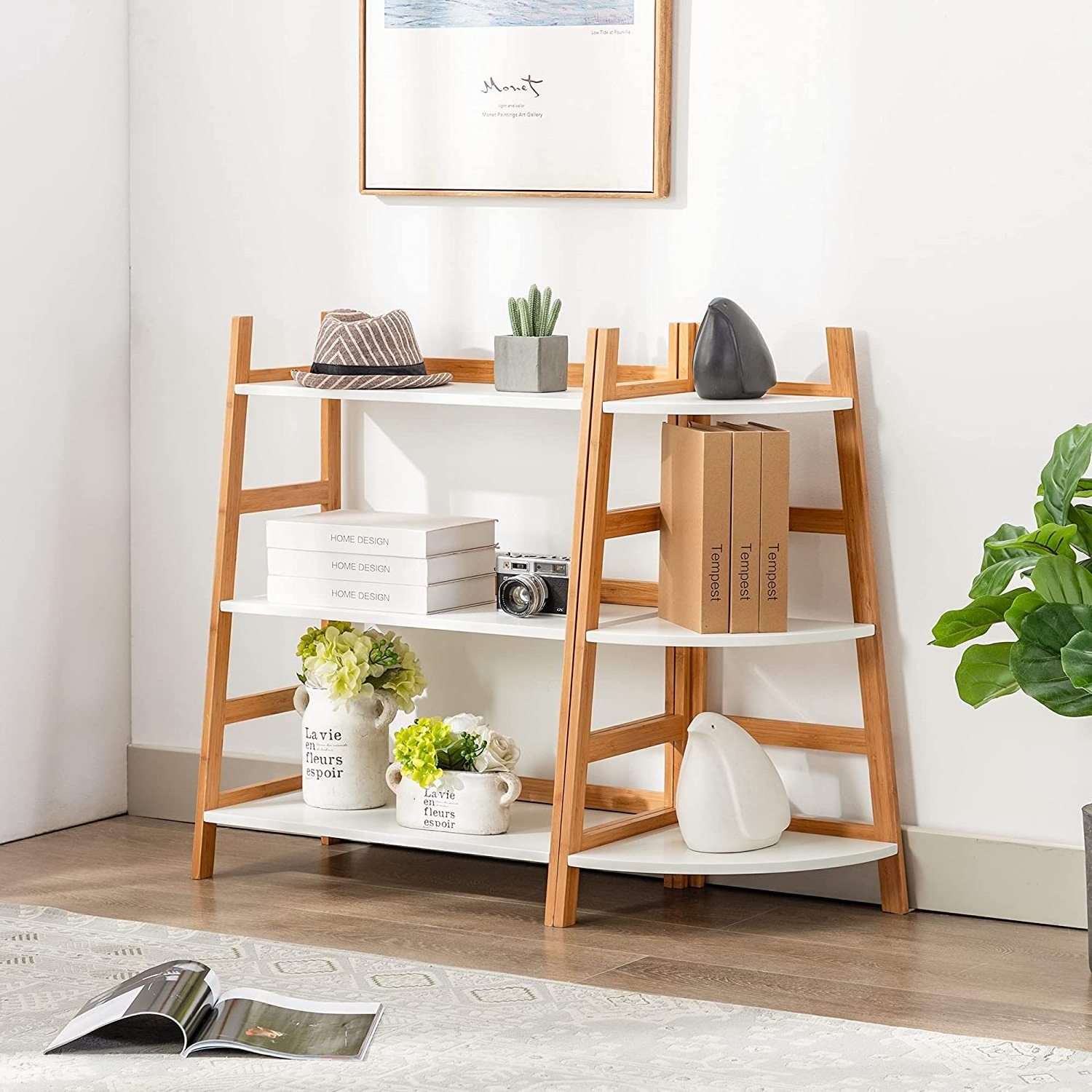 Bamboo Corner Shelf 3 Tier Ladder Storage Bathroom Shelf for Home Office Rack for Display Corner