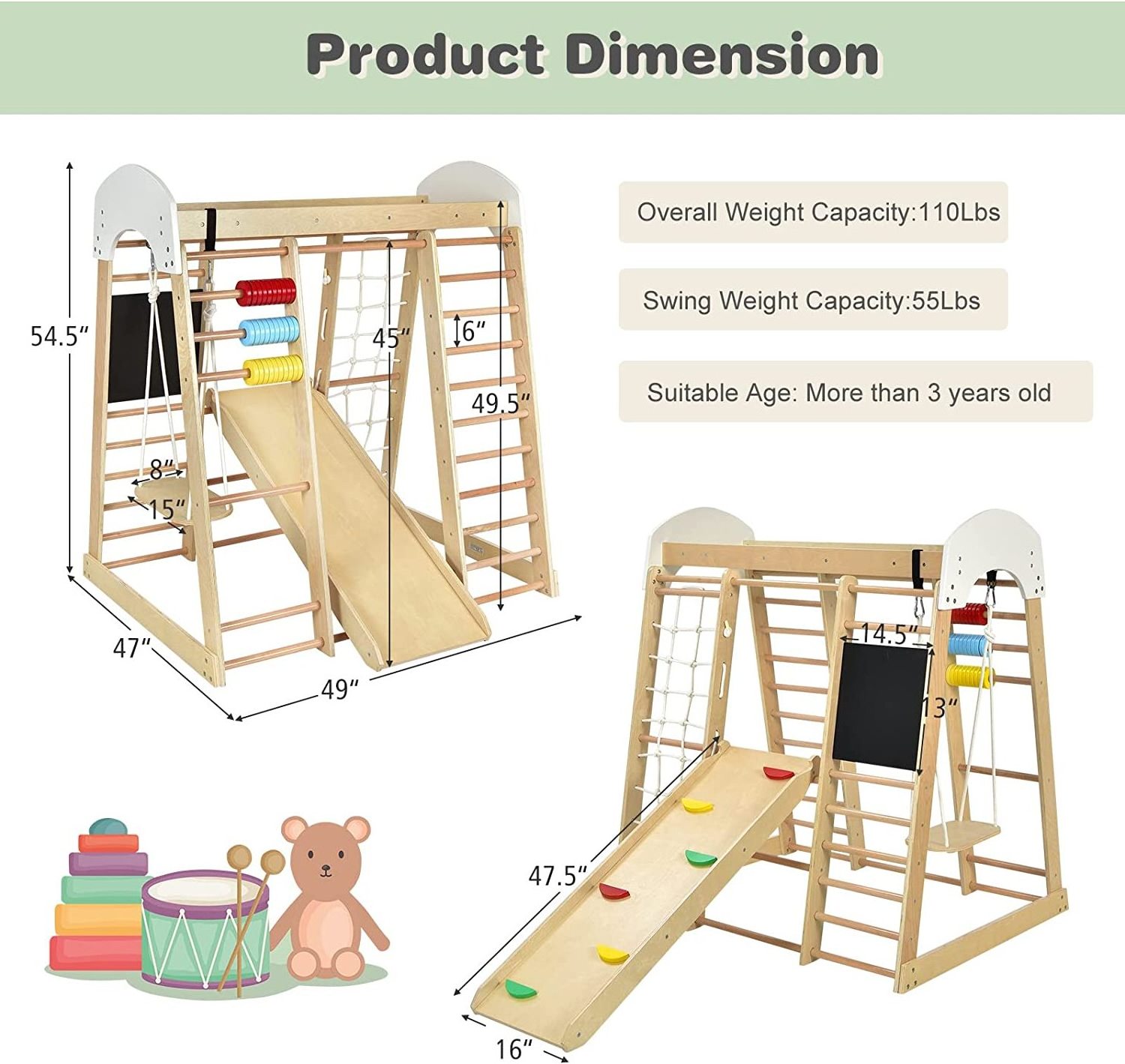 New design toddler jungle gym swing and slide play set indoor playground