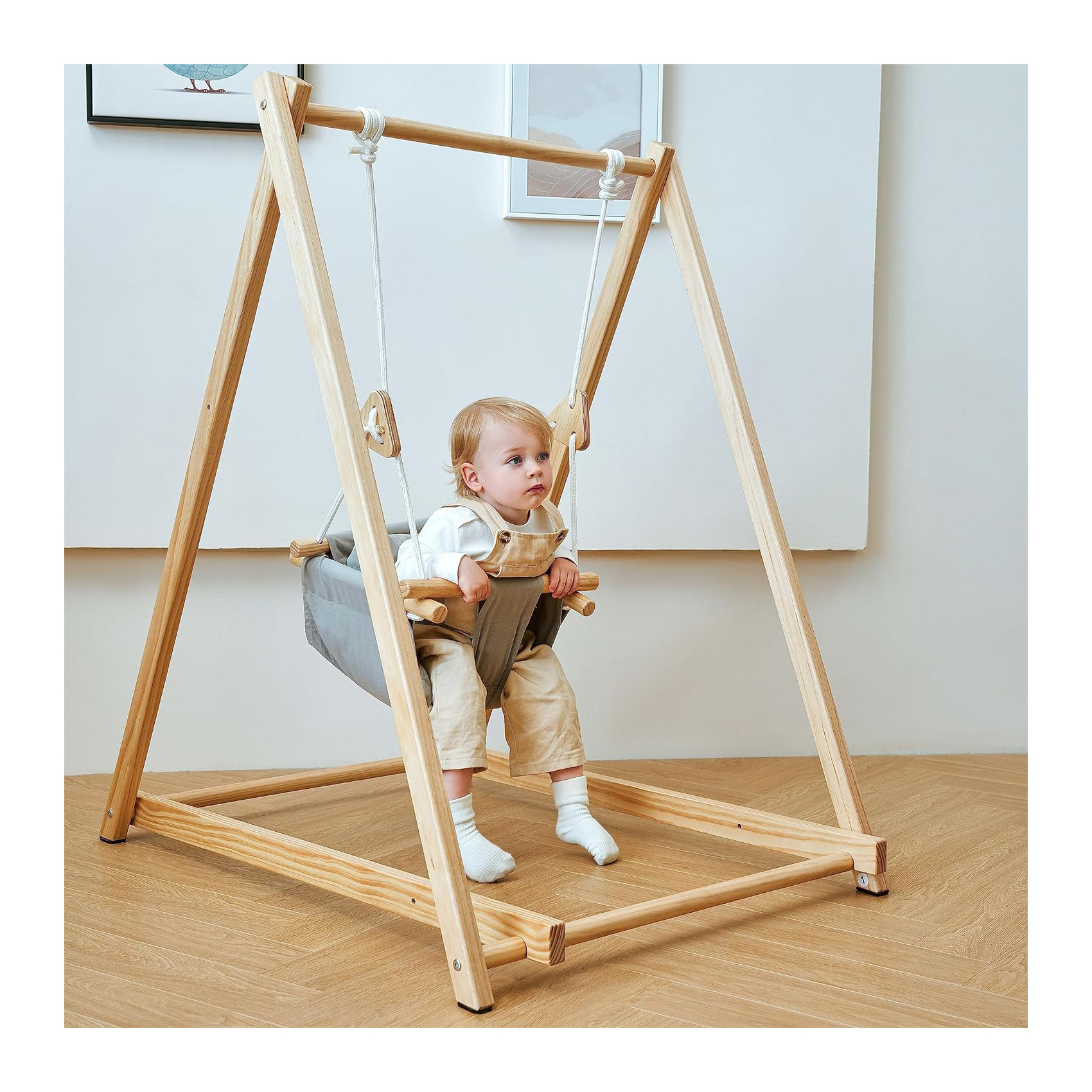 Montessori wooden Baby Swing Set Premium Toddler Foldable swing Self Standing Indoor baby swing with stand