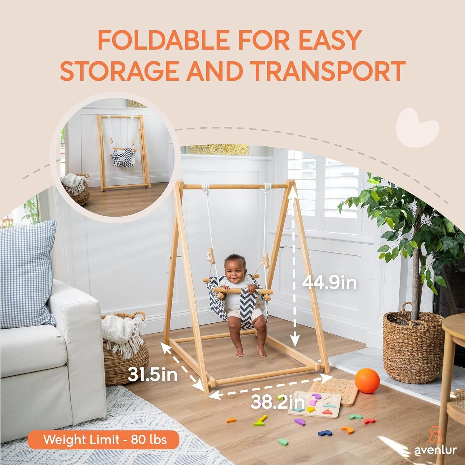 Montessori wooden Baby Swing Set Premium Toddler Foldable swing Self Standing Indoor baby swing with stand