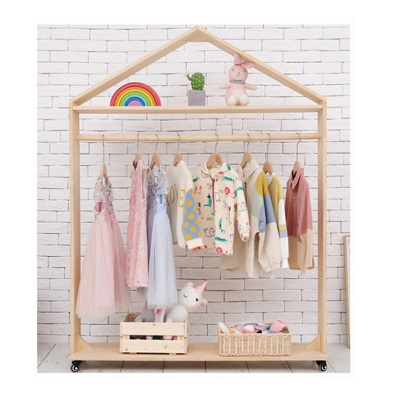 Kids bedroom retail shop wooden floor standing clothes rack for kids clothing racks