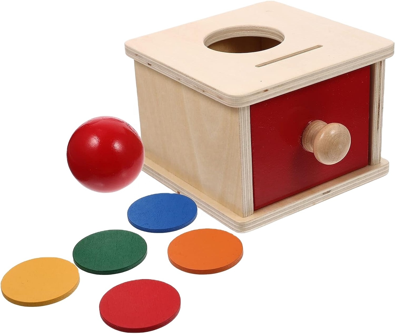 Toyvian Montessori Wooden Toys, 2 in 1 Montessori Object Permanence Box Ball Drop Toy Montessori Coin Box with Drawer for Infant