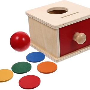 Toyvian Montessori Wooden Toys, 2 in 1 Montessori Object Permanence Box Ball Drop Toy Montessori Coin Box with Drawer for Infant