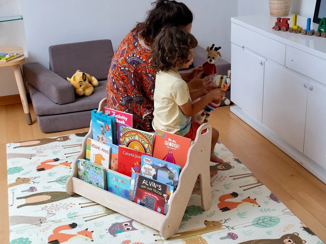 Popular wooden child tall simple bookshelf rack storage children classroom book shelf