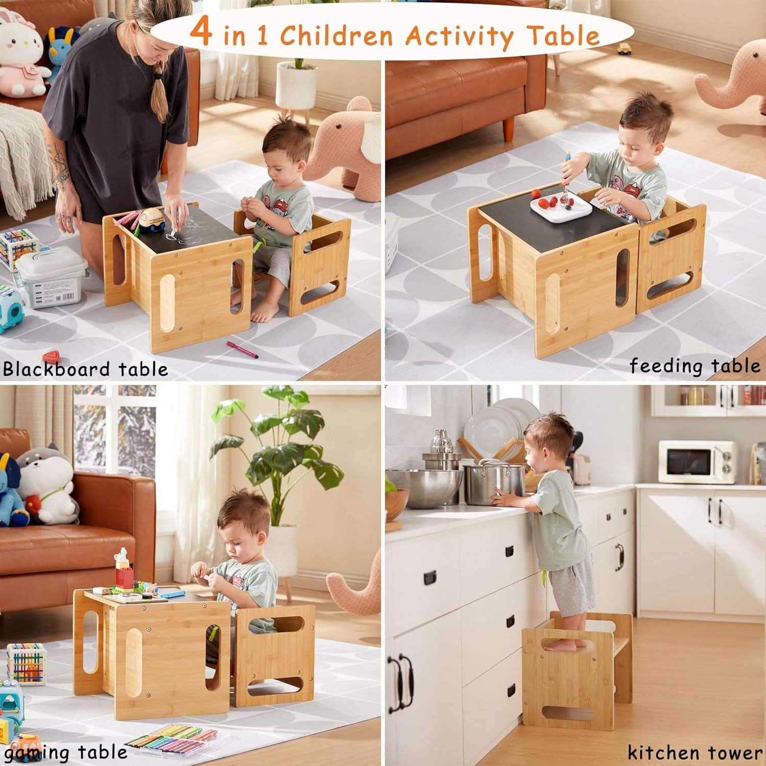 4 in 1 Montessori Weaning Table and Chair Set Kids Bamboo Activity Table with Chalkboard for Drawing Reading and Playing