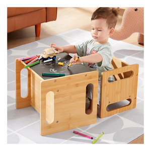 4 in 1 Montessori Weaning Table and Chair Set Kids Bamboo Activity Table with Chalkboard for Drawing Reading and Playing