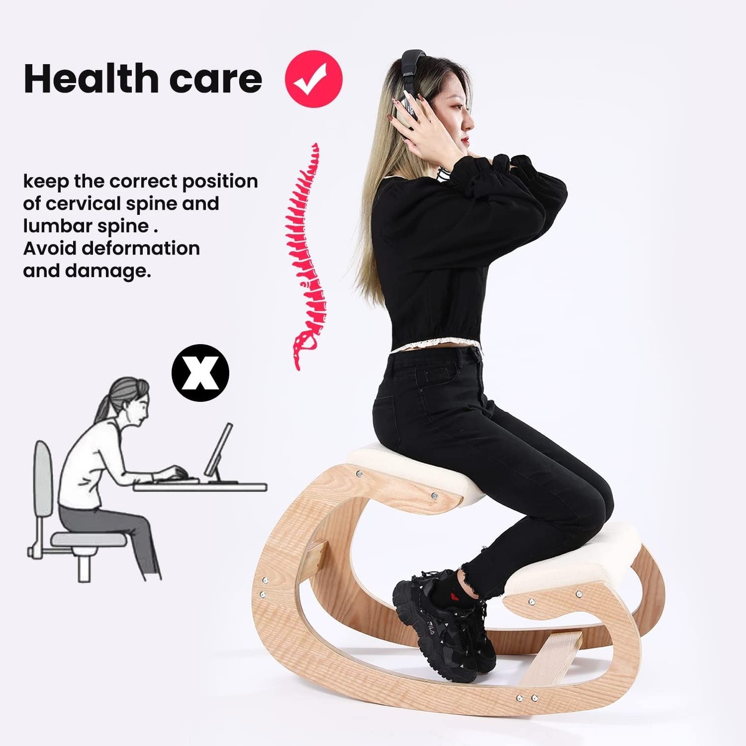 Ergonomic Kneeling Chair Birch Computer Stool Relax Your Knees with Sponge Cushion