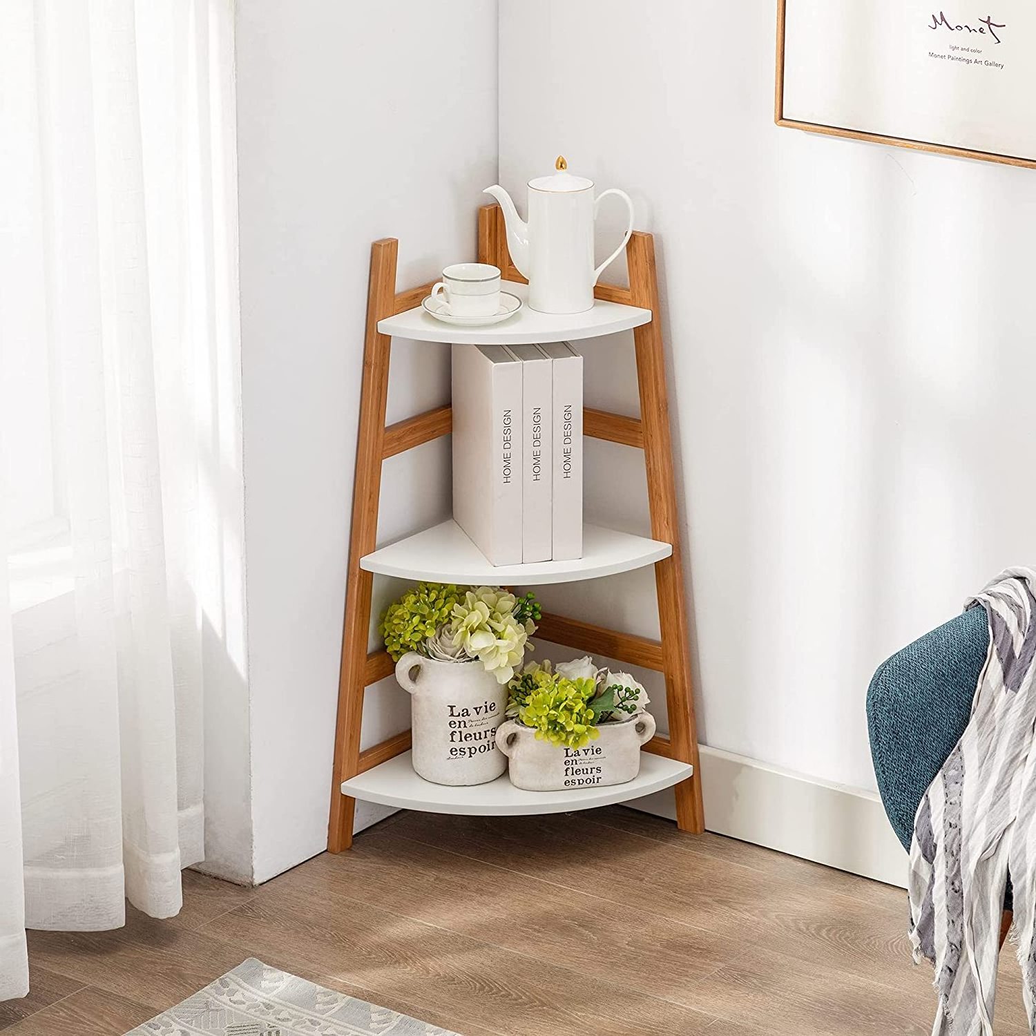 Bamboo Corner Shelf 3 Tier Ladder Storage Bathroom Shelf for Home Office Rack for Display Corner