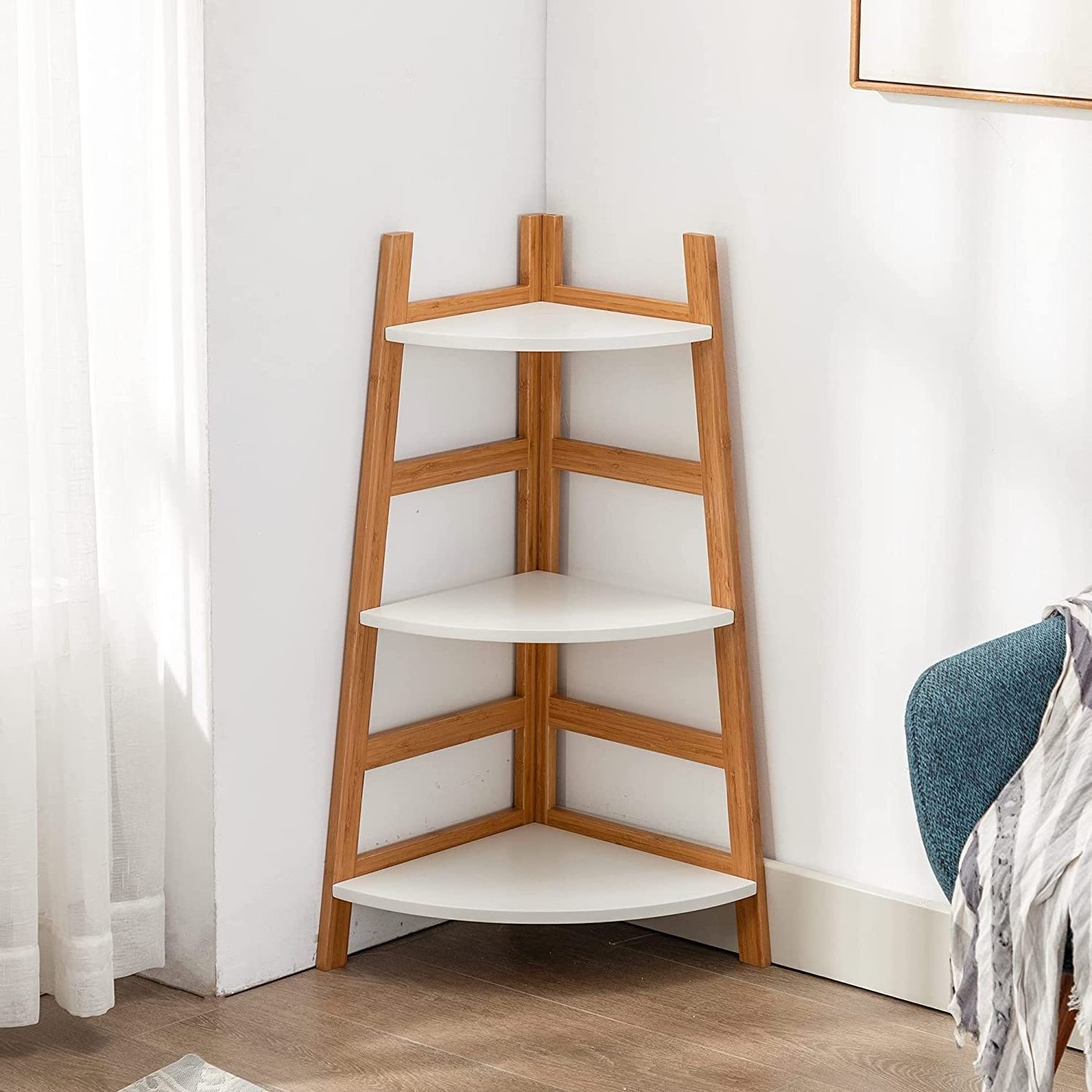 Bamboo Corner Shelf 3 Tier Ladder Storage Bathroom Shelf for Home Office Rack for Display Corner