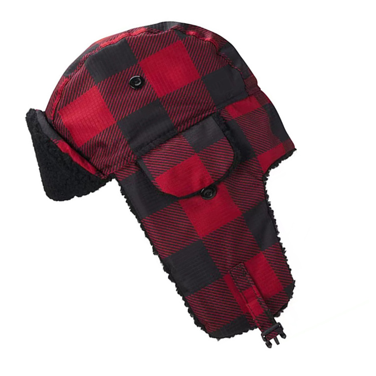 Custom Checked Men's Winter Hat Russia Style Ushanka Trapper Bomber Cap with Ear Flaps