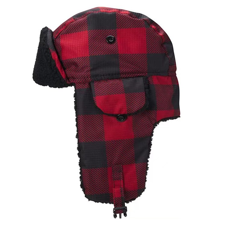 Custom Checked Men's Winter Hat Russia Style Ushanka Trapper Bomber Cap with Ear Flaps