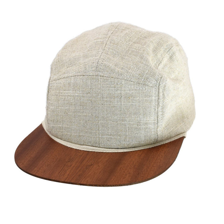 Wholesale Flat Brim 5 Panel Baseball Cap Snapback Hat with wooden visor