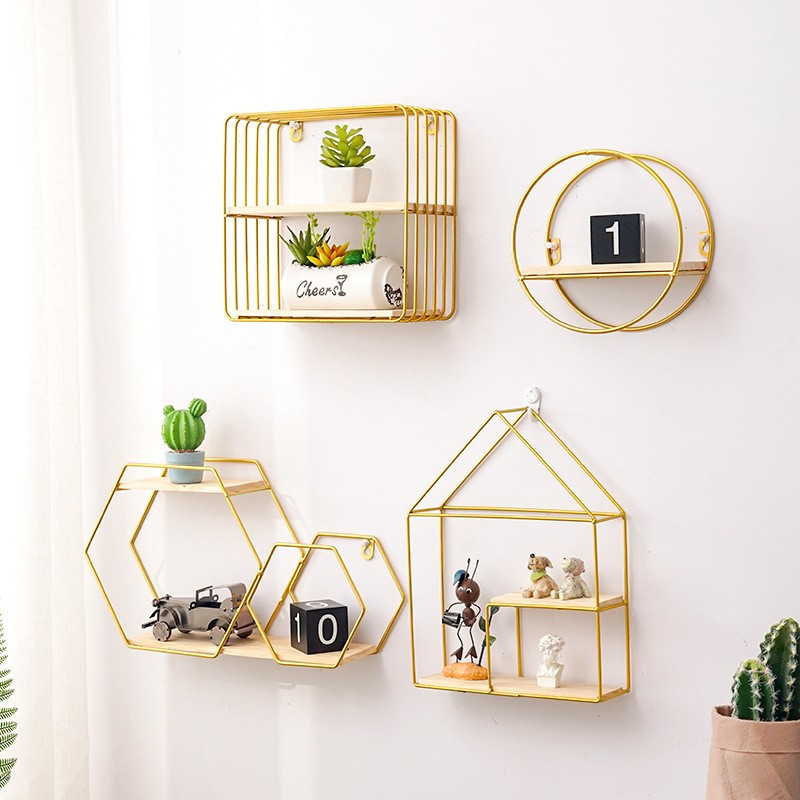 Nordic Styles Metal Hexagonal Storage Holders Wall Decorations Shelves Home Bedroom Decor Wall Hanging Shelf