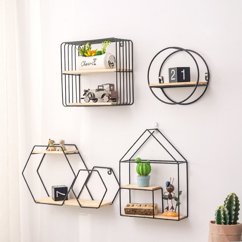 Nordic Styles Metal Hexagonal Storage Holders Wall Decorations Shelves Home Bedroom Decor Wall Hanging Shelf