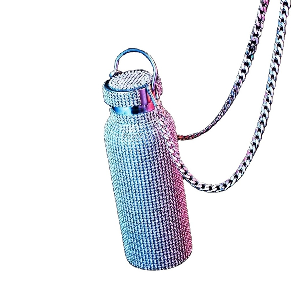 Shiny Rhinestone Stainless Steel Diamond Drink Water Bottle Refillable With Chain