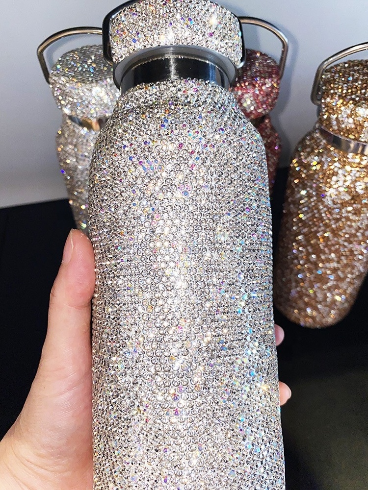 Shiny Rhinestone Stainless Steel Diamond Drink Water Bottle Refillable With Chain