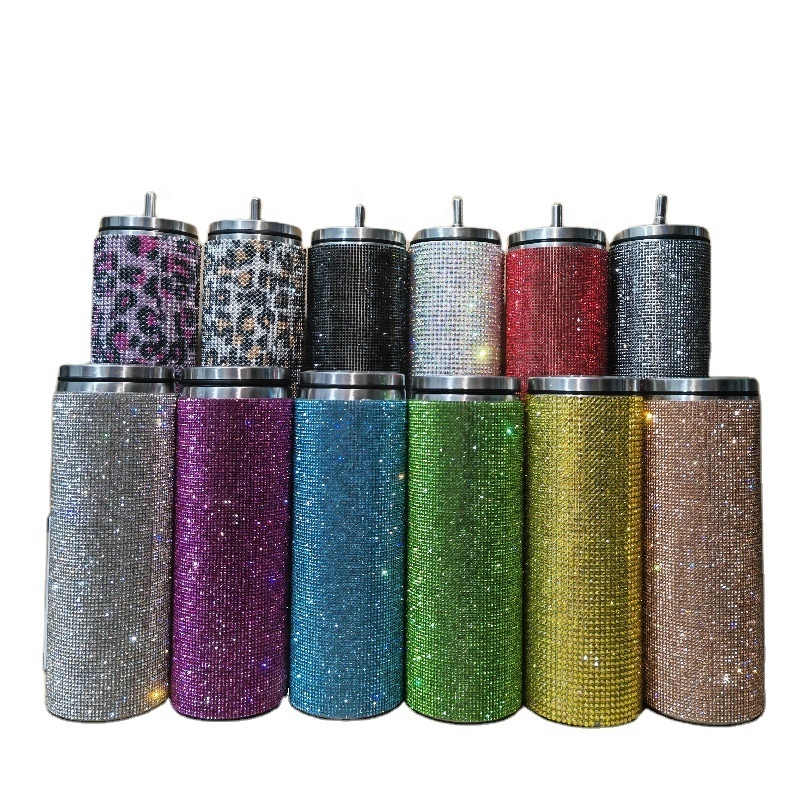 Shiny Rhinestone Stainless Steel Diamond Drink Water Bottle Refillable With Chain