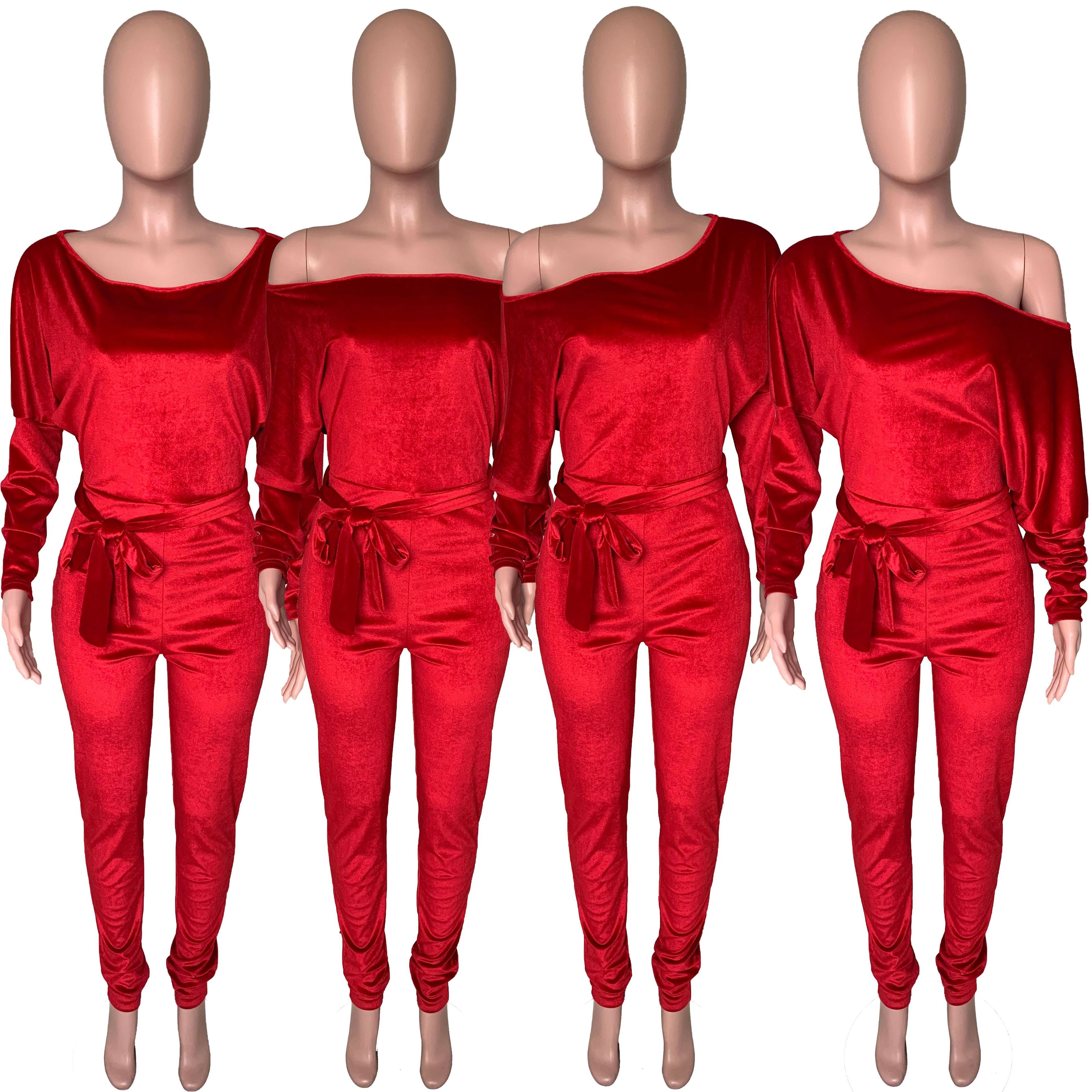 Long sleeve off shoulder sexy onesie for women velour romper jumpsuit velvet fall women jumpsuits