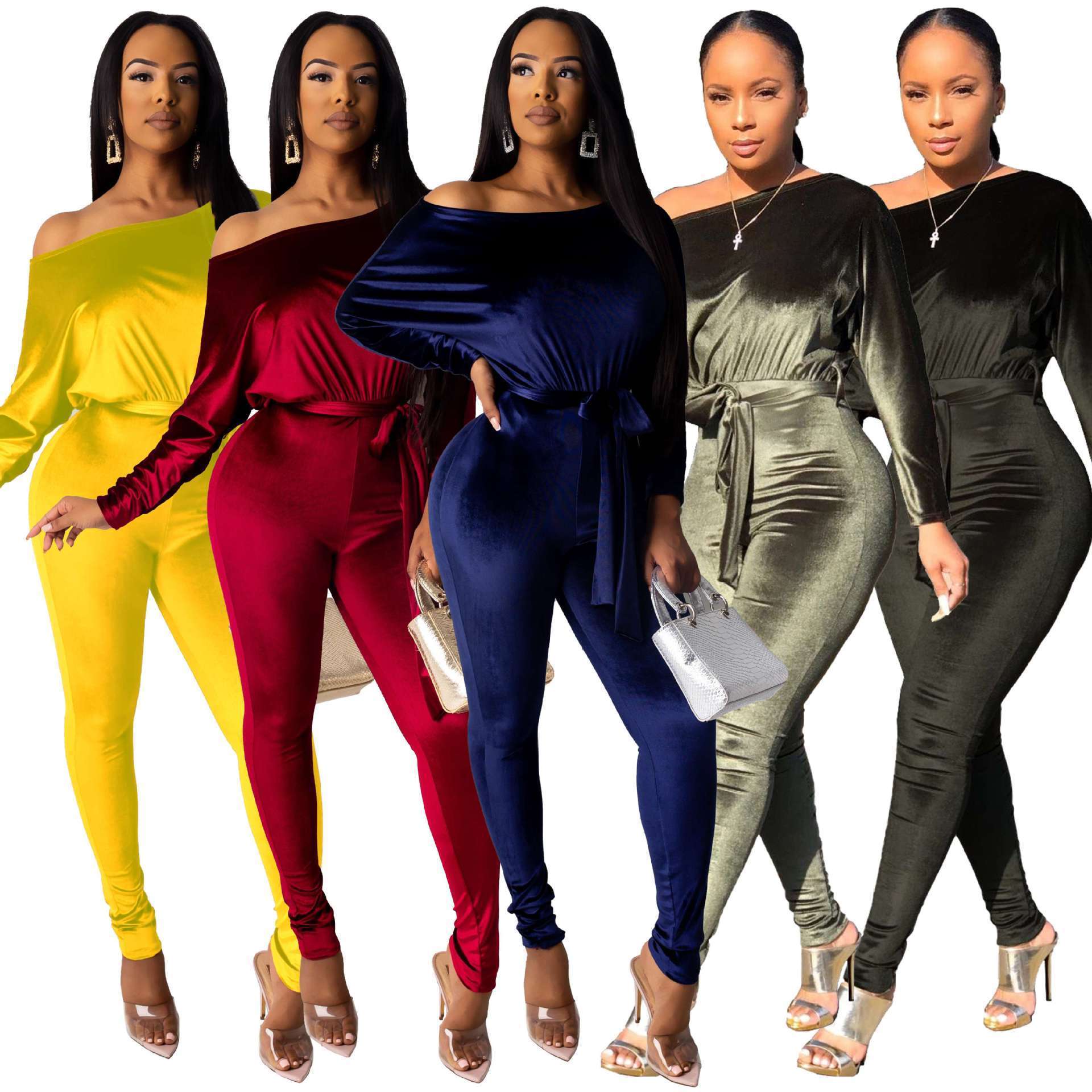 Long sleeve off shoulder sexy onesie for women velour romper jumpsuit velvet fall women jumpsuits