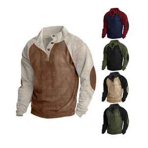 Men Corduroy Shirt Lapel Collar Pullover Mock Neck Long Sleeve Elbow Patches Sweaters Polo Sweatshirts