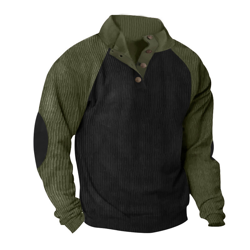 Men Corduroy Shirt Lapel Collar Pullover Mock Neck Long Sleeve Elbow Patches Sweaters Polo Sweatshirts