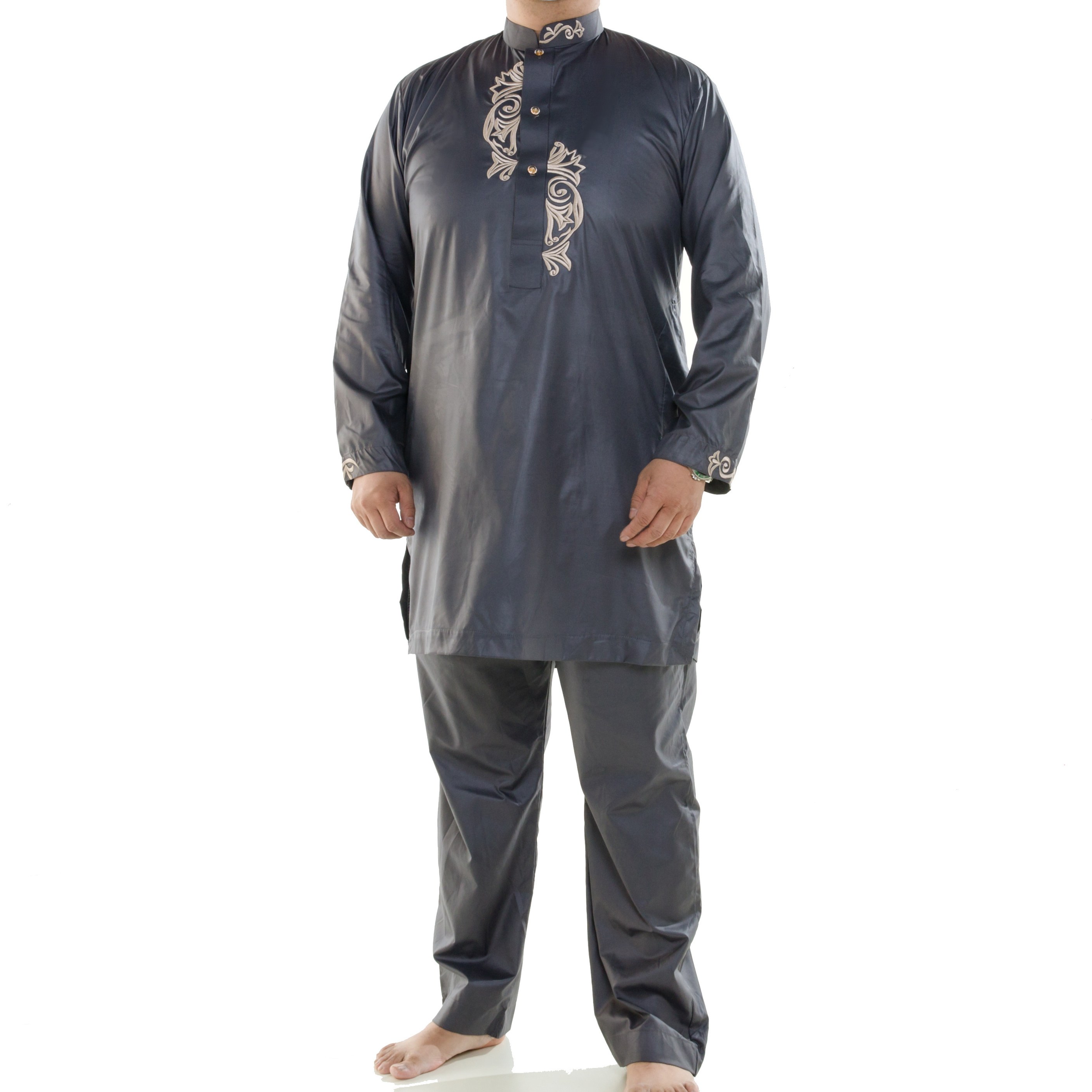 2021 Muslim Arab Gown Men's Embroidered Thobe Round Neck Short Sleeve Turkish Caftan Robes Islamic Outdoor Street Robe