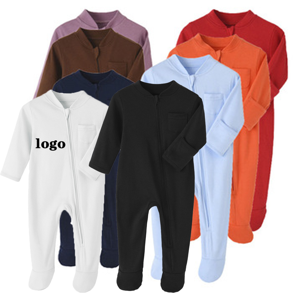 Customize Neutral Organic Cotton Baby Clothes Long Sleeve Baby Footie Pajamas Zipper Baby Rompers