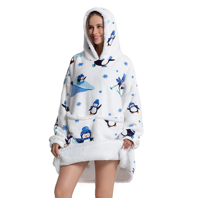 thick warm winter hooded pajamas wearable blanket for beddining room Indoor and outdoor living room Nightgown for women