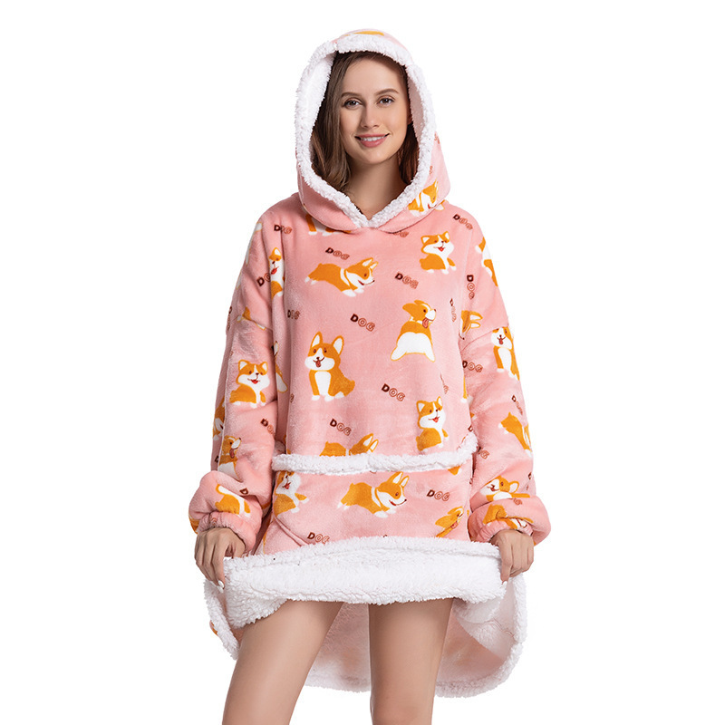 thick warm winter hooded pajamas wearable blanket for beddining room Indoor and outdoor living room Nightgown for women