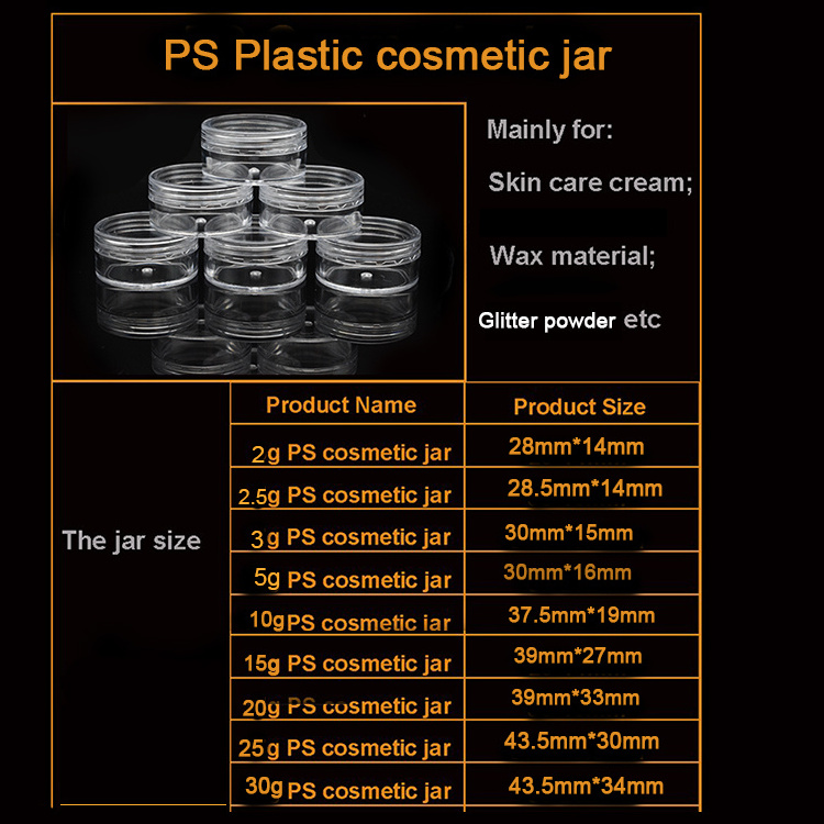 3ml 5ml 10ml 2.5g 3 ml 3g 5g 10g 15g 20g 25g 30g Clear Cream Jar Plastic Pot Mini Transparent Cosmetic sample Container with Lid